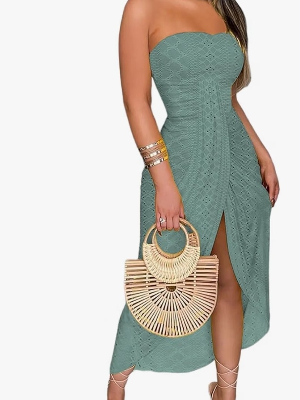 Strapless Eyelet Midi Dress in Sage Green